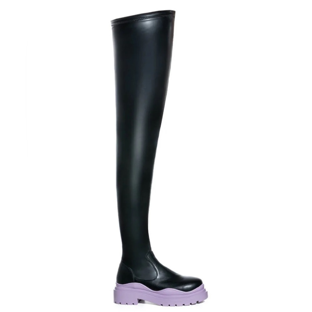 AZALEA WANG Black & Periwinkle Purple Thigh High Stretch Boots